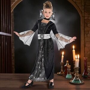 Girls Gothic Queen Sorcerers Black Dress Cloak‎ Spider Web Vampire Bat Collar XL